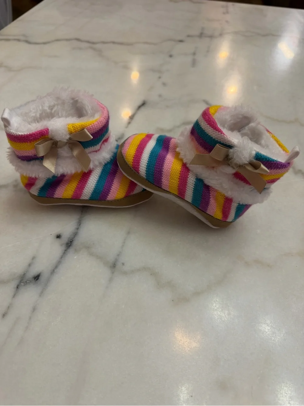 Kids Multicolor Striped Cozy Booties with Faux Fur and Bow